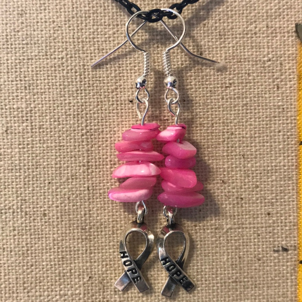 Breast Cancer Awareness Earrings- Pink shell and Ribbon Charm